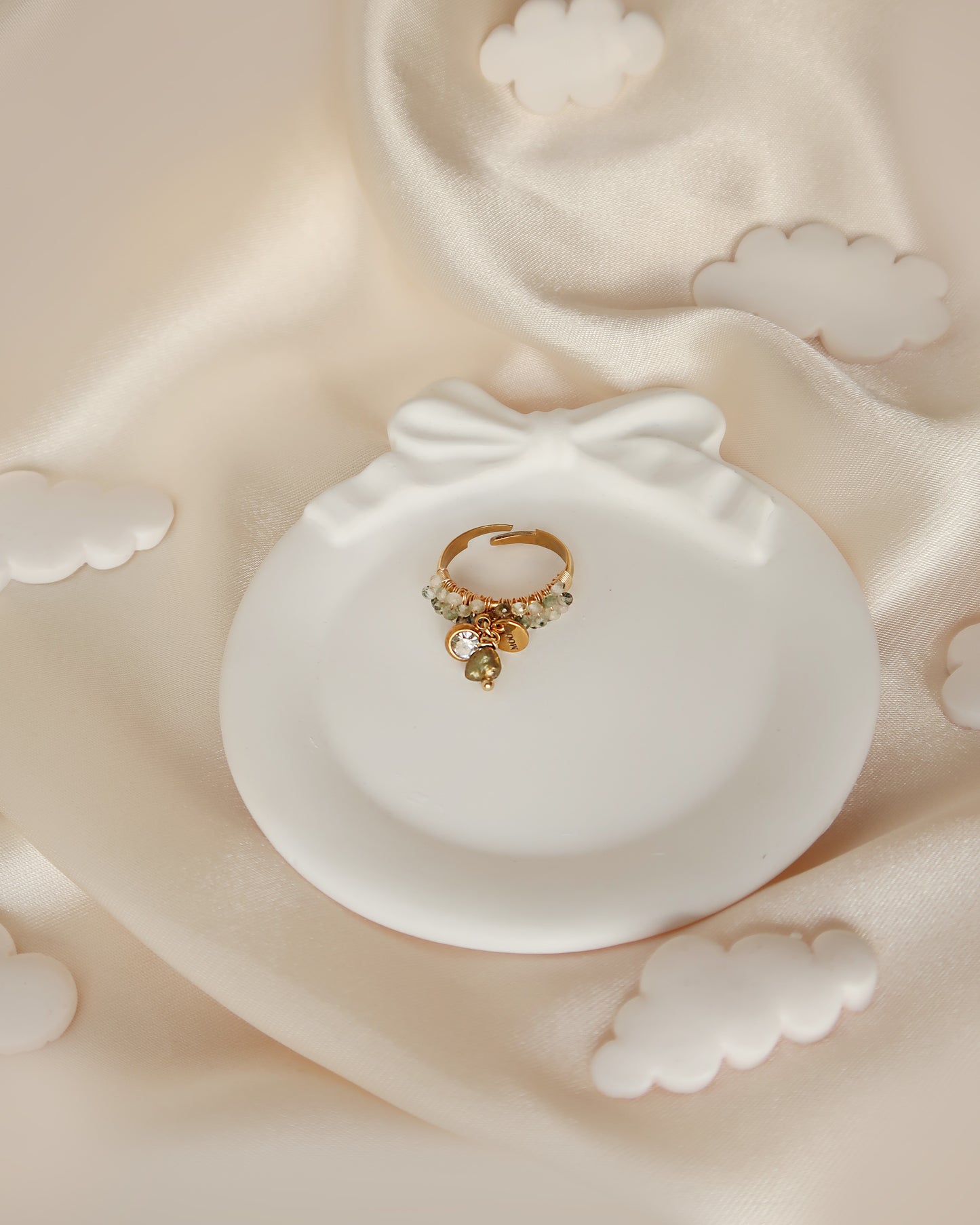 Green 3 charm Prehnite ring