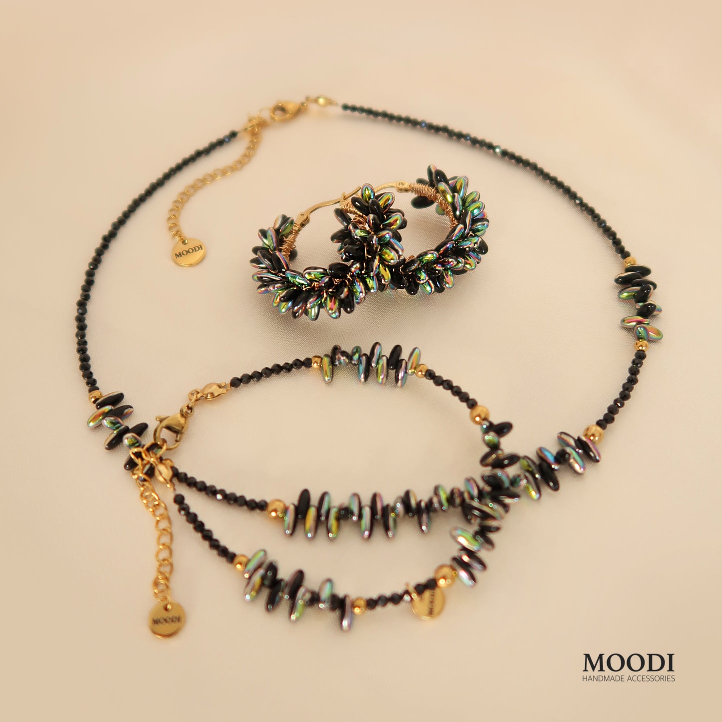 Necklace "Fireflies" with black Spinel crystals