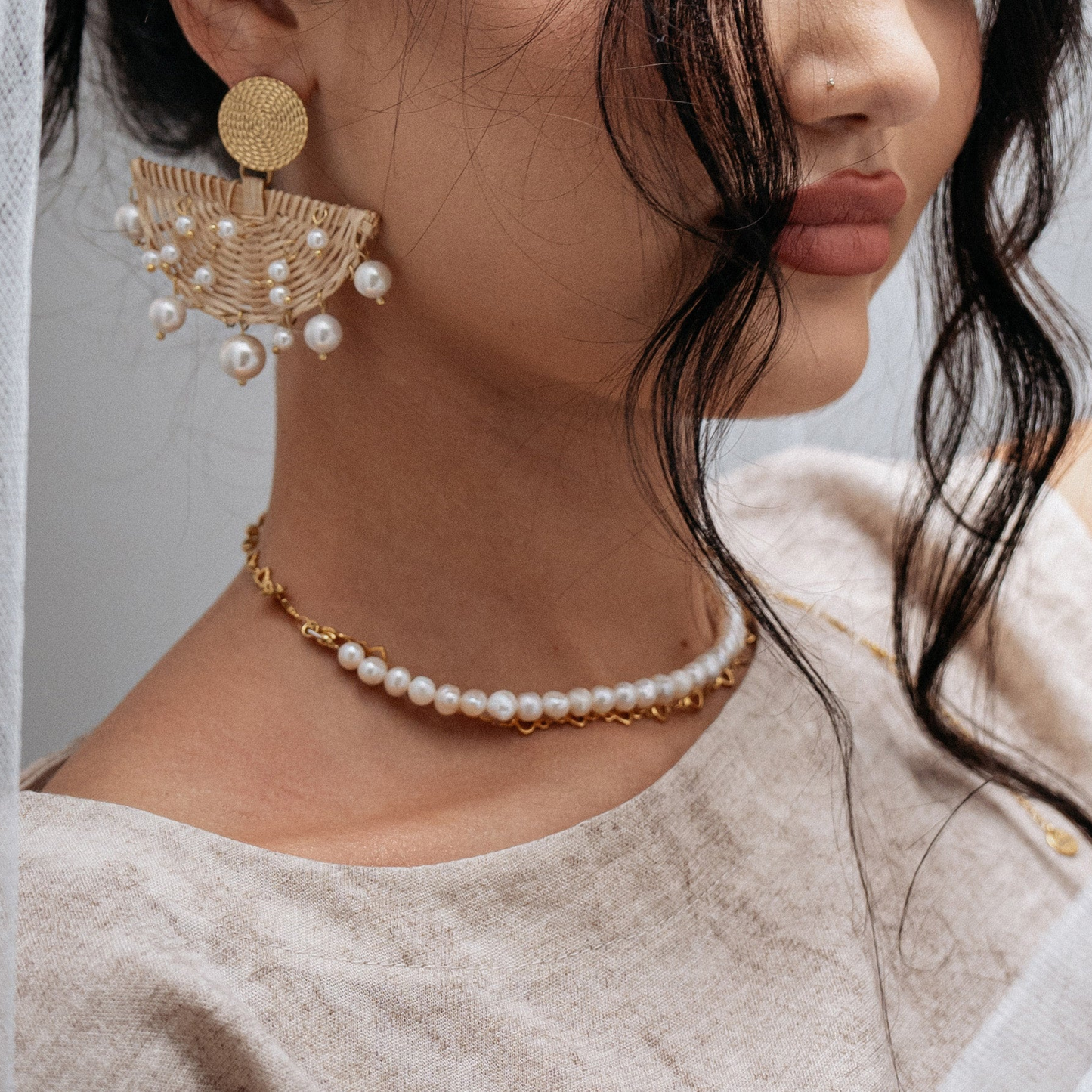 Necklace "Hera" with natural pearls and hearts
