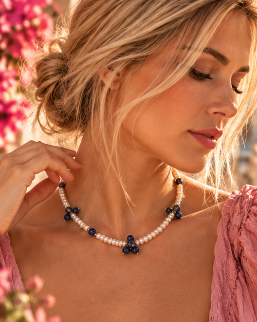 Колие "Sorrento"  с естествен лазурит (Lapis Lazuri) и сладководни перли 💙