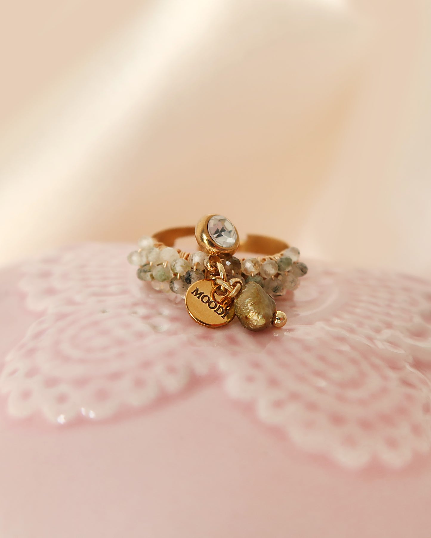 Green 3 charm Prehnite ring
