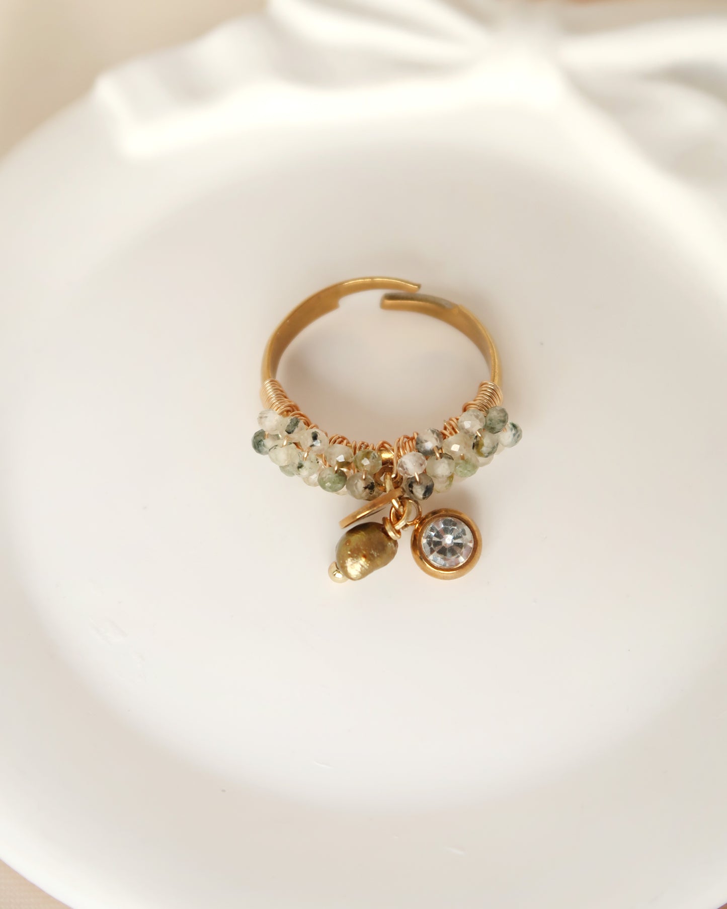 Green 3 charm Prehnite ring