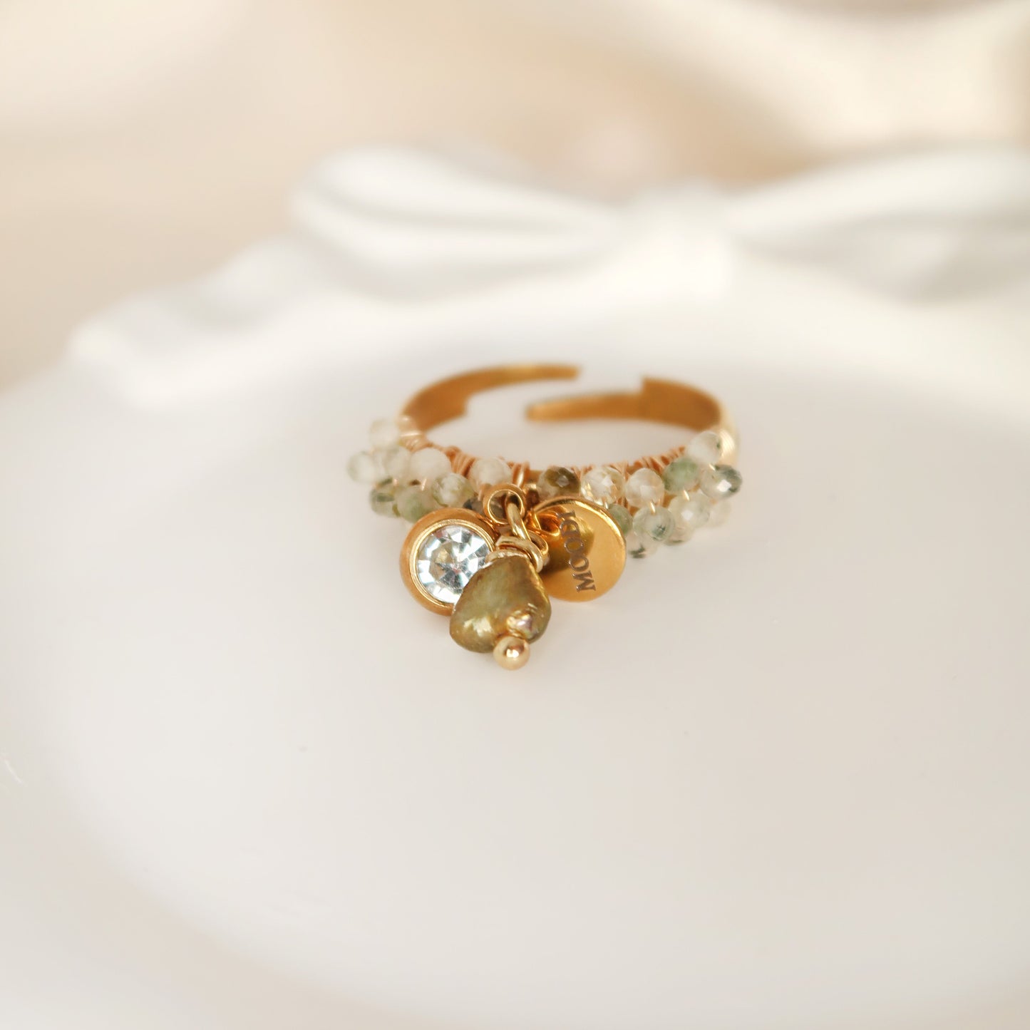Green 3 charm Prehnite ring