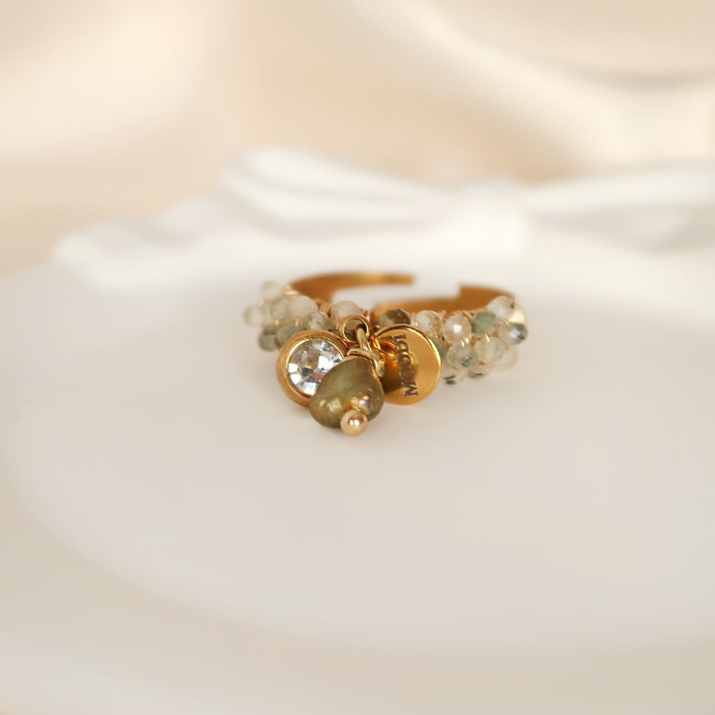 Green 3 charm Prehnite ring